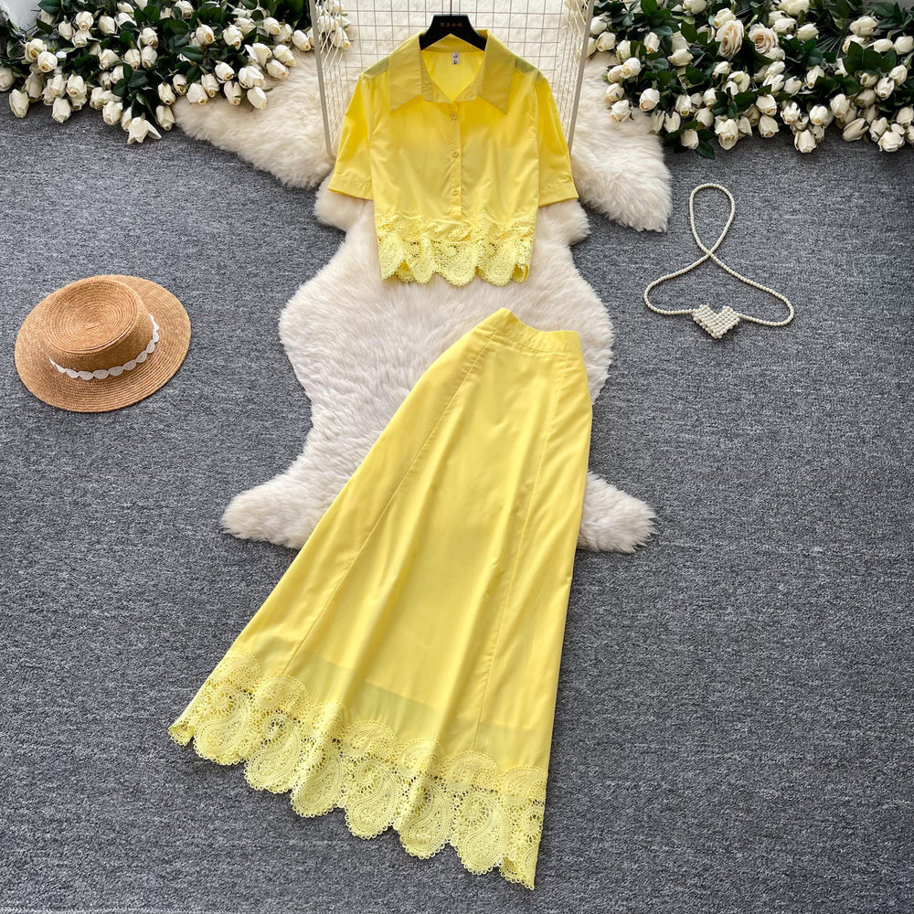 Korean style hollow-out lace tank top and midi skirt set - women's summer slim fit two-piece outfit - commute-friendly, light luxury, and elegant