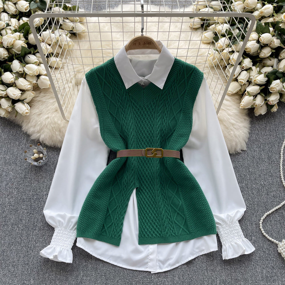 Korean style chic fashion set: women's casual loose long-sleeve shirt + cinched waist v-neck sleeveless knit vest two-piece outfit