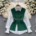 Korean style chic fashion set: women's casual loose long-sleeve shirt + cinched waist v-neck sleeveless knit vest two-piece outfit