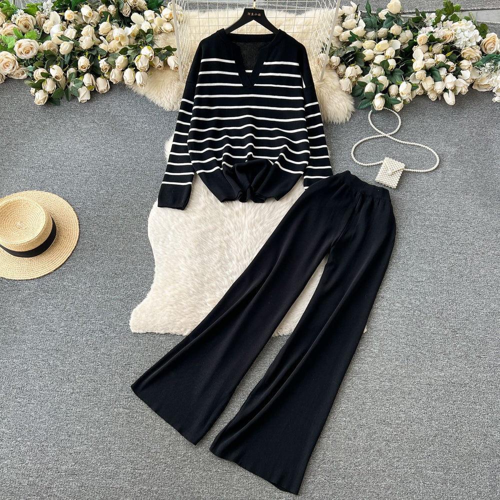 Korean style chic casual two-piece set for women - autumn/winter loose v-neck striped knit top + elastic waist flowy trousers