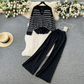 Korean style chic casual two-piece set for women - autumn/winter loose v-neck striped knit top + elastic waist flowy trousers