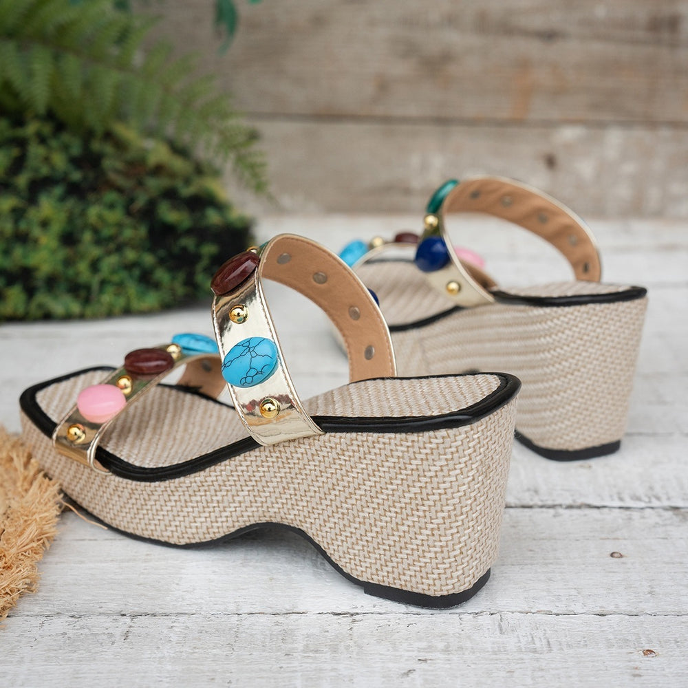 wedge open-toe sandals  summer new arrivalsexy gem-embellished plaid women's high-heeled sandals