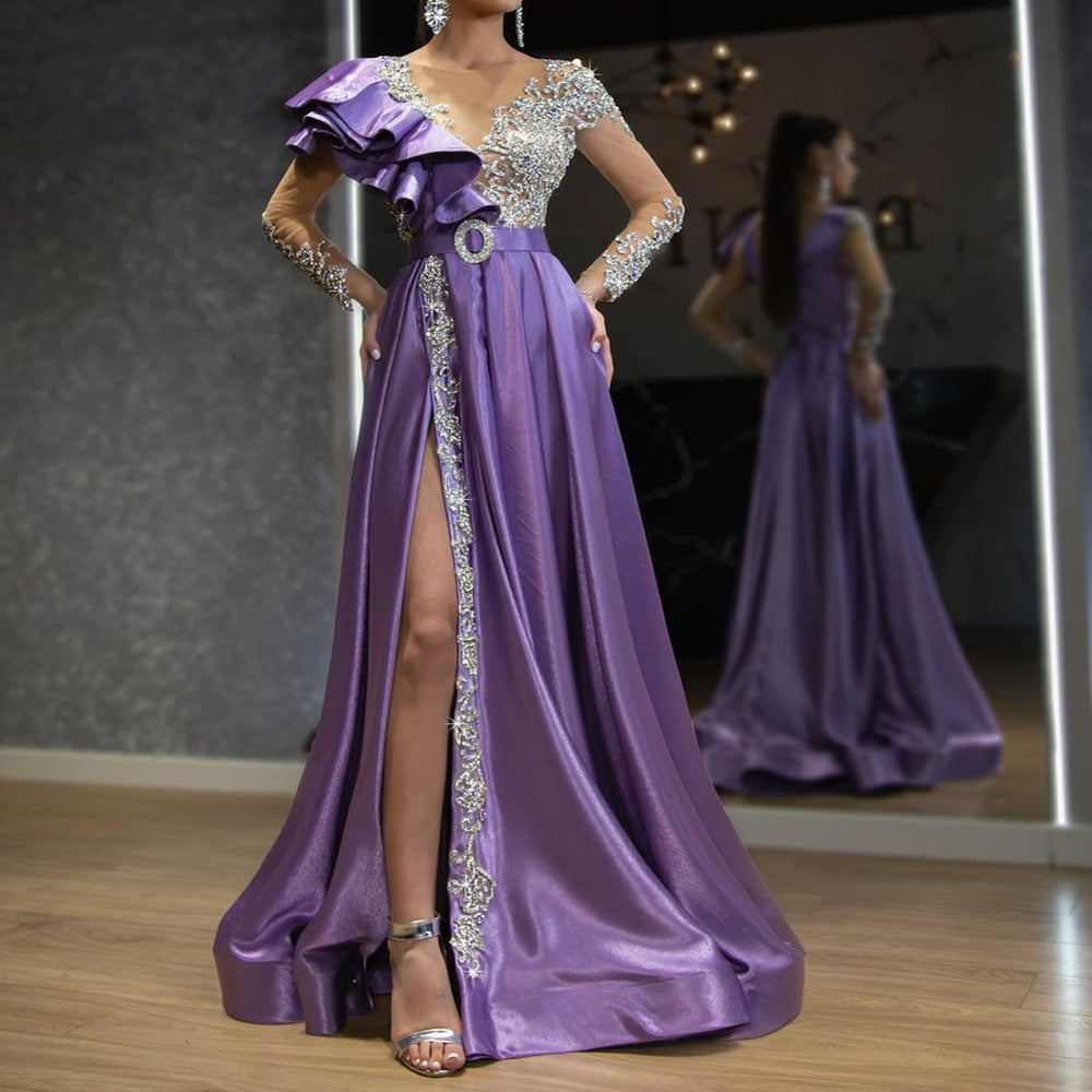 2025 spring new european and american cross-border women's clothing amazon evening gown - women's satin gold-sprayed purple sequin dress