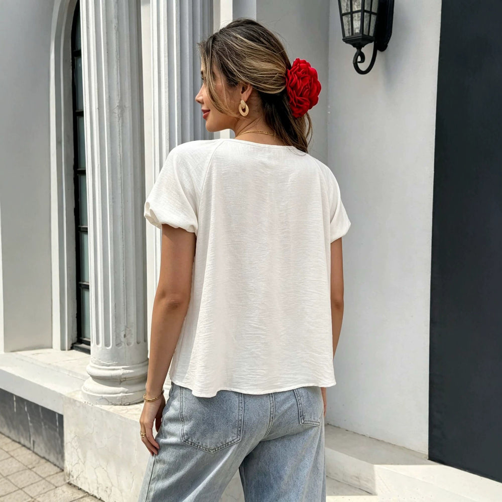 new bubble sleeve short-sleeve t-shirt for women, u-neck drawstring design, unique korean style casual versatile top
