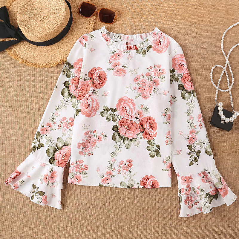 cross-border code new  women's original elegant round neck ruffle long sleeve printed top