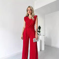 Amazon fashion cross-border women's clothing  autumn new style pure color sleeveless round neck silm pleated straight-leg jumpsuit