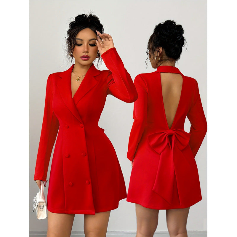 Women's autumn/winter fashionable and elegant blazer collar double-breasted v-neck open back big bow long sleeve short dress