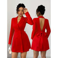 Women's autumn/winter fashionable and elegant blazer collar double-breasted v-neck open back big bow long sleeve short dress