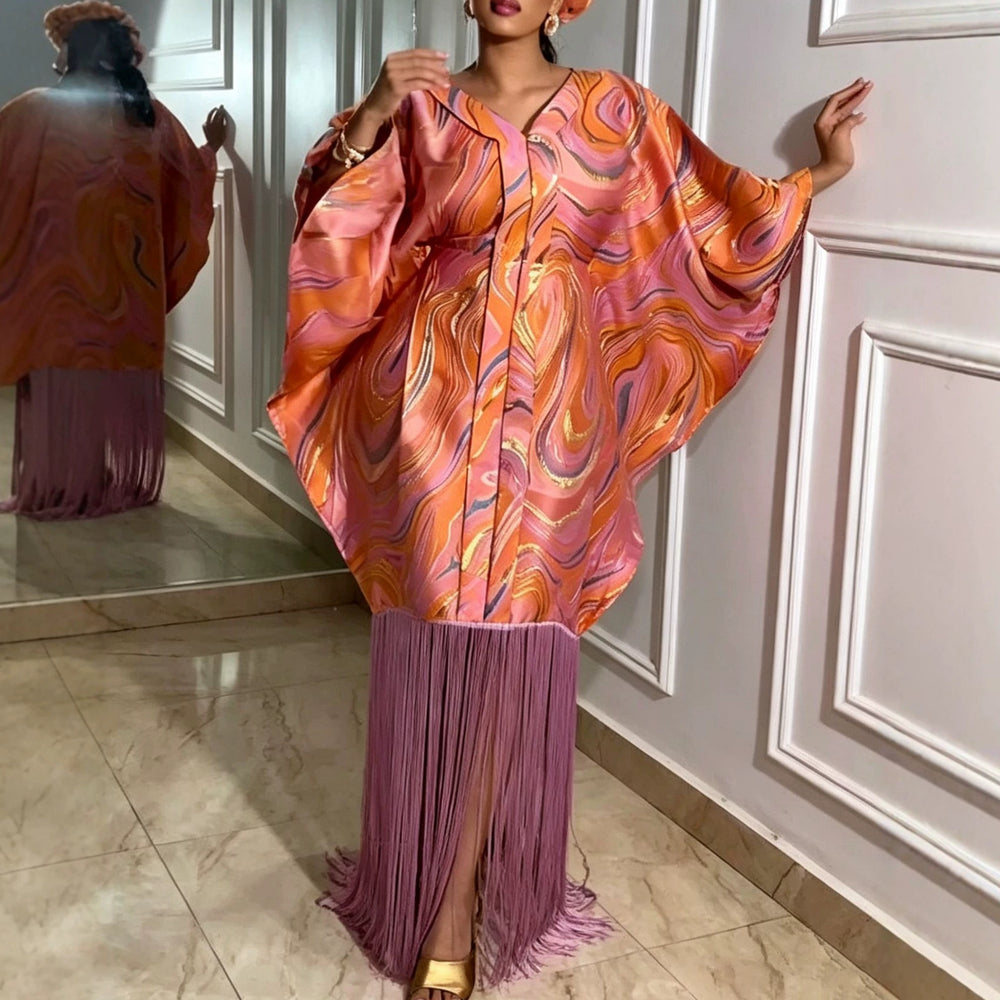 African ethnic print batwing sleeve v-neck dress - designer drawstring waist tassel robe bubu dress