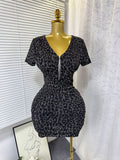 Exportsummernew arrivalsexy silmv neck zipper elastic mesh dress leopard print printing hip skirt for women