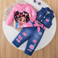 cross-border e-commerce exclusive: faux denim print vest, crew neck top, and pants 3-piece kids' set