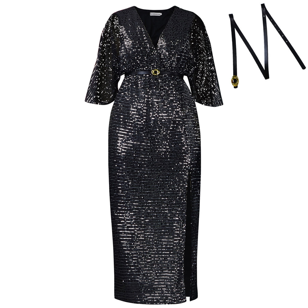 D540 cross-border  fashion women's elegant v-neck sexy slimming sequin plus size african dress