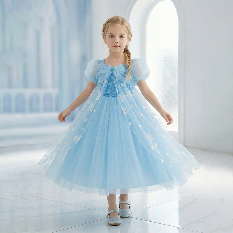 Frozen-themed cosplay costume for girls: princess dress with sequined cape, tulle train, and puffy flower girl skirt