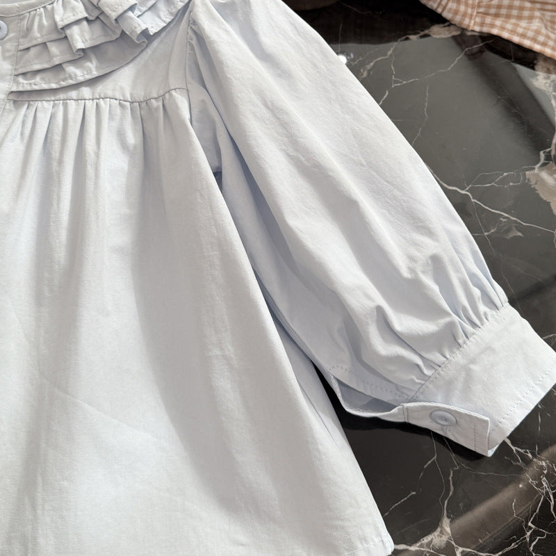 Spring new girls' long-sleeve lace collar shirt - trendy baby girl blouse, stylish kids' top, casual children's clothing