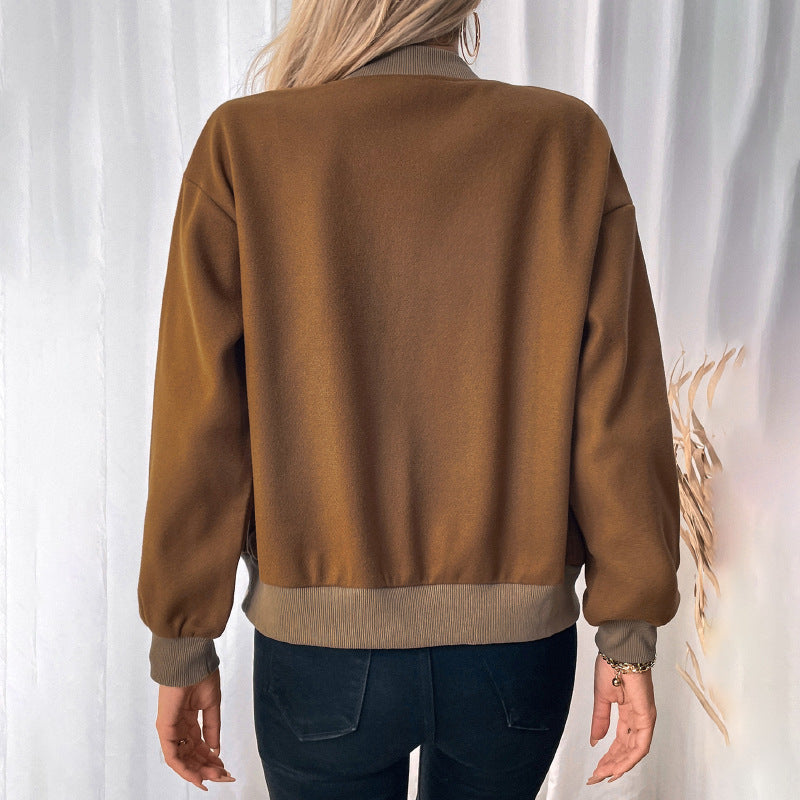 2025 new  retro casual simple wind contrasting color cardigan button baseball collar jacket women