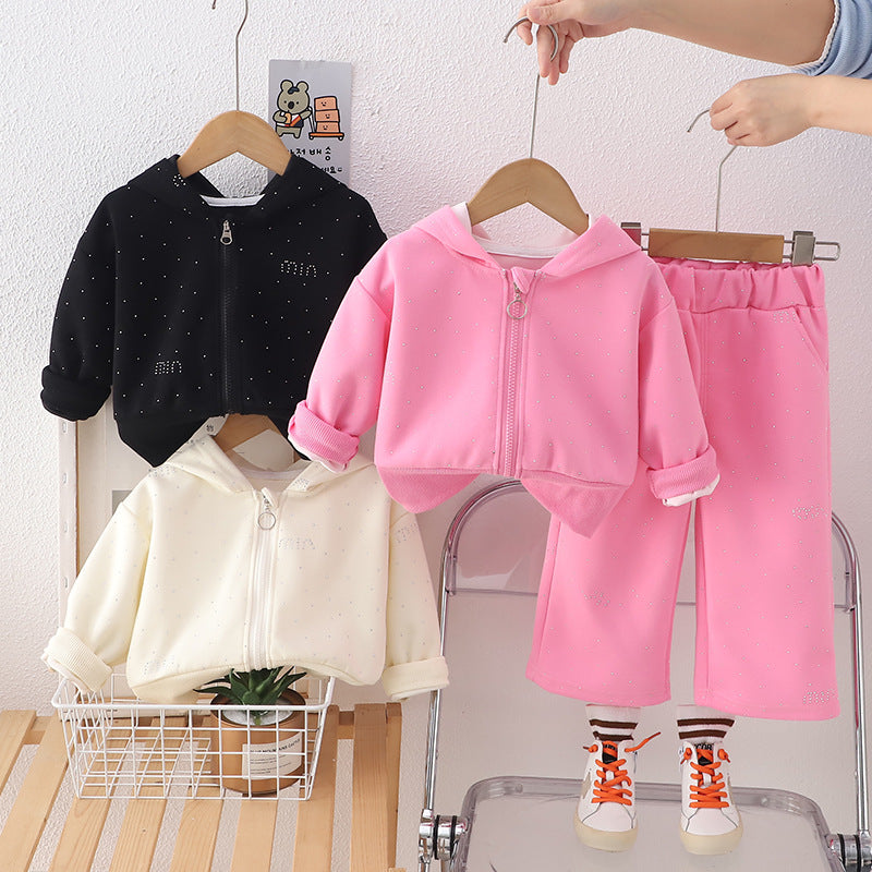 new trendy kids' fashionable baby spring/autumn letter & heart hooded long sleeve two-piece set - girls' spring outfit