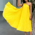 C8552  cross-border  elegant solid color ruched sleeveless asymmetrical neck maxi dress - export quality