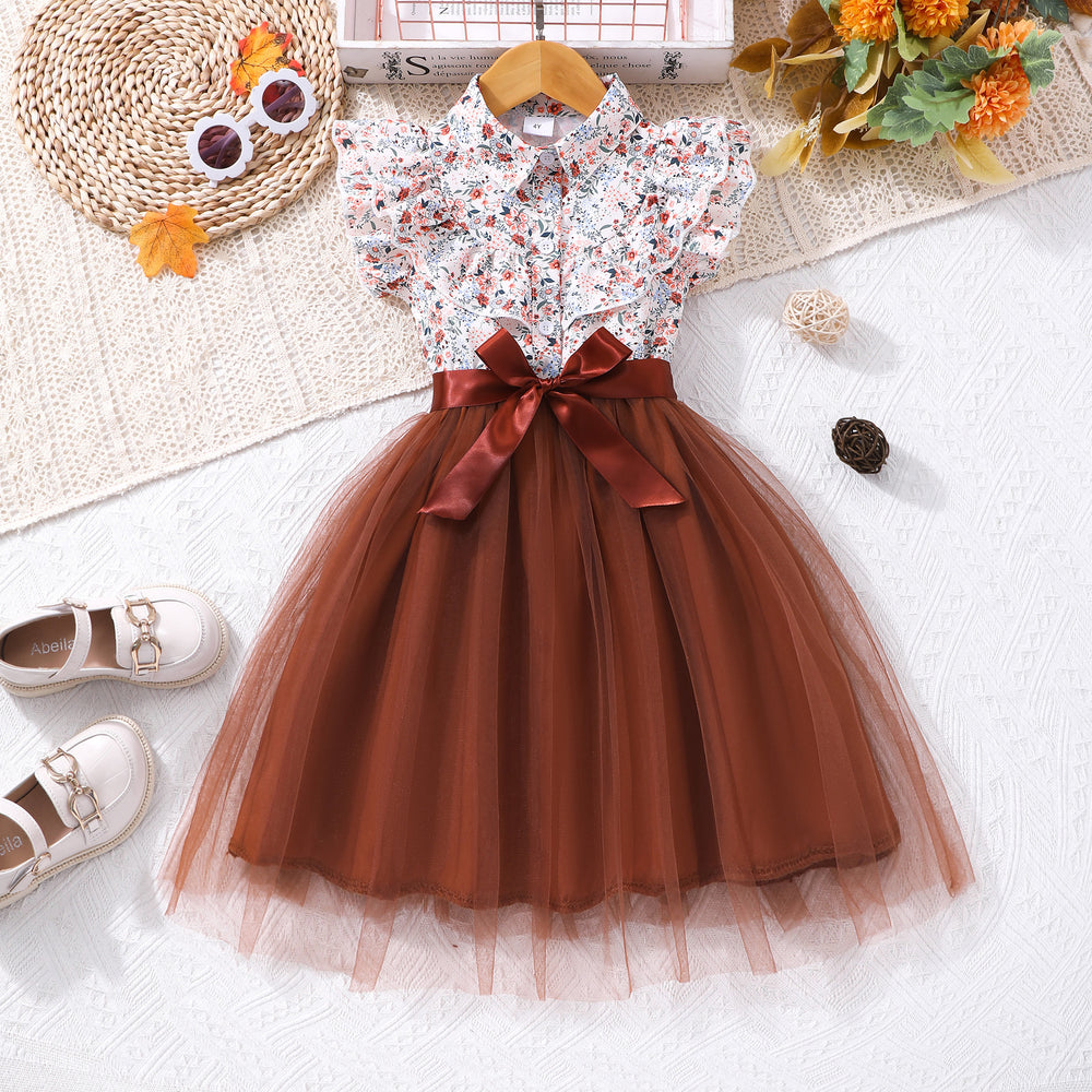 Girls' (tall) dress, long-sleeve collared floral mesh dress (includes ribbon)