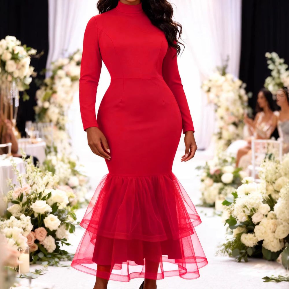 European and american style red mock neck long sleeve dress with mesh panel fishtail hem - slim fit bodycon fishtail dress
