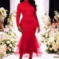 European and american style red mock neck long sleeve dress with mesh panel fishtail hem - slim fit bodycon fishtail dress