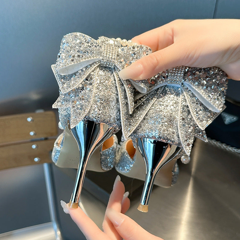 Silver high heel wedding shoes women's stiletto heel 2025 new pointed toe rhinestone bow two-wear beaded chain single shoes