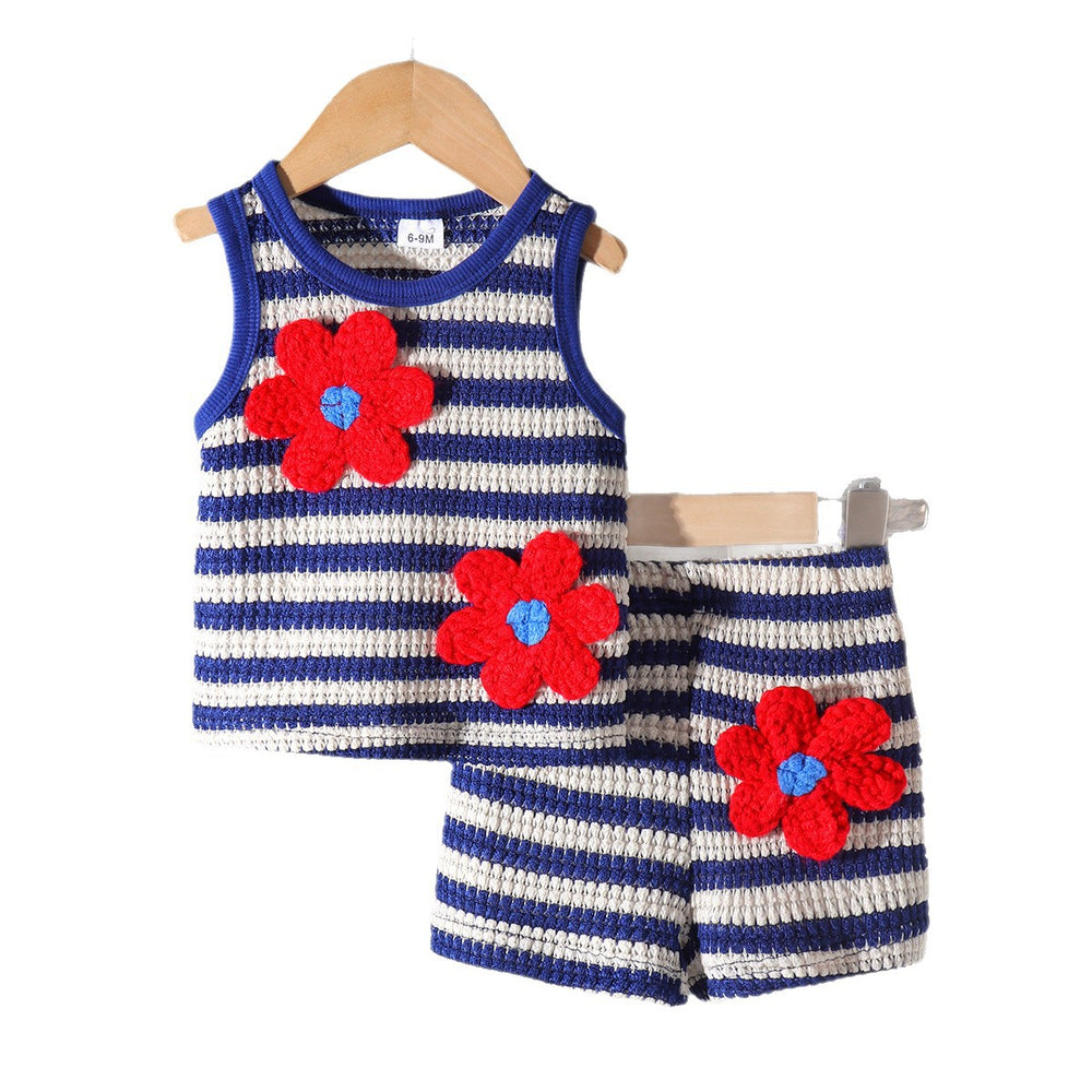 Children's clothing cross-border european and american girls blue stripes vest + shorts baby children's clothing suit
