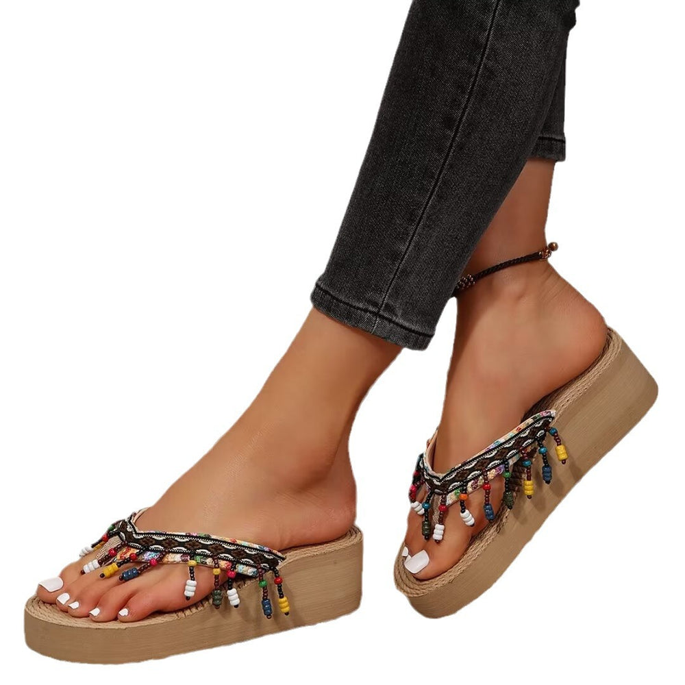2025 summer new bohemian tassel slippers women's thick sole non-slip flats indoor and outdoor sandals beach shoes