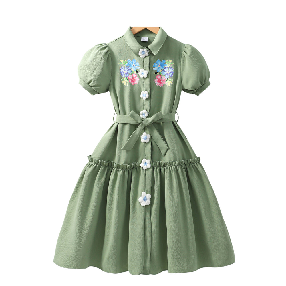 Girls' dress for toddlers and big kids, butterfly knot waist, floral button short sleeve dress