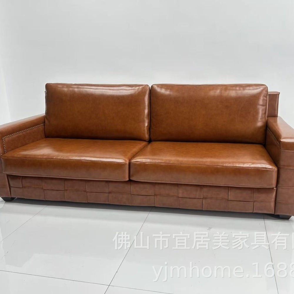 Vintage-style oiled leather checkered sofa, retro leather art sofa, designer living room straight three-seater sofa