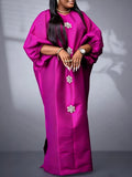 African-inspired loose fit lantern sleeve maxi dress - round neck, cinched waist, flowy hem, solid color party dress