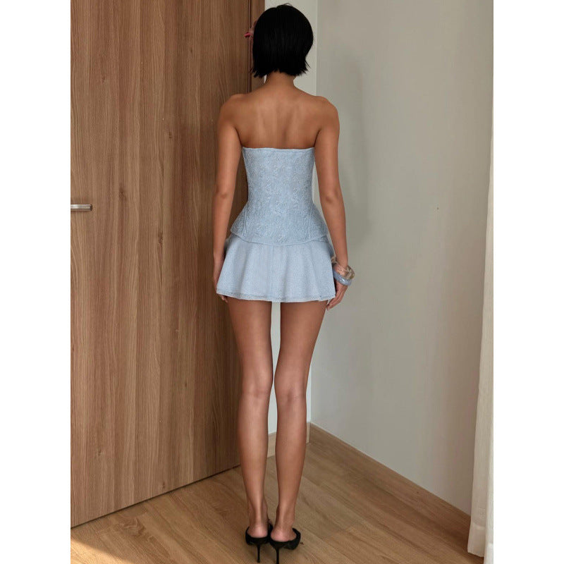 European and american style women's summer  new arrival: ins hot girl shawl wrap bodycon top & sexy a-line mini skirt set