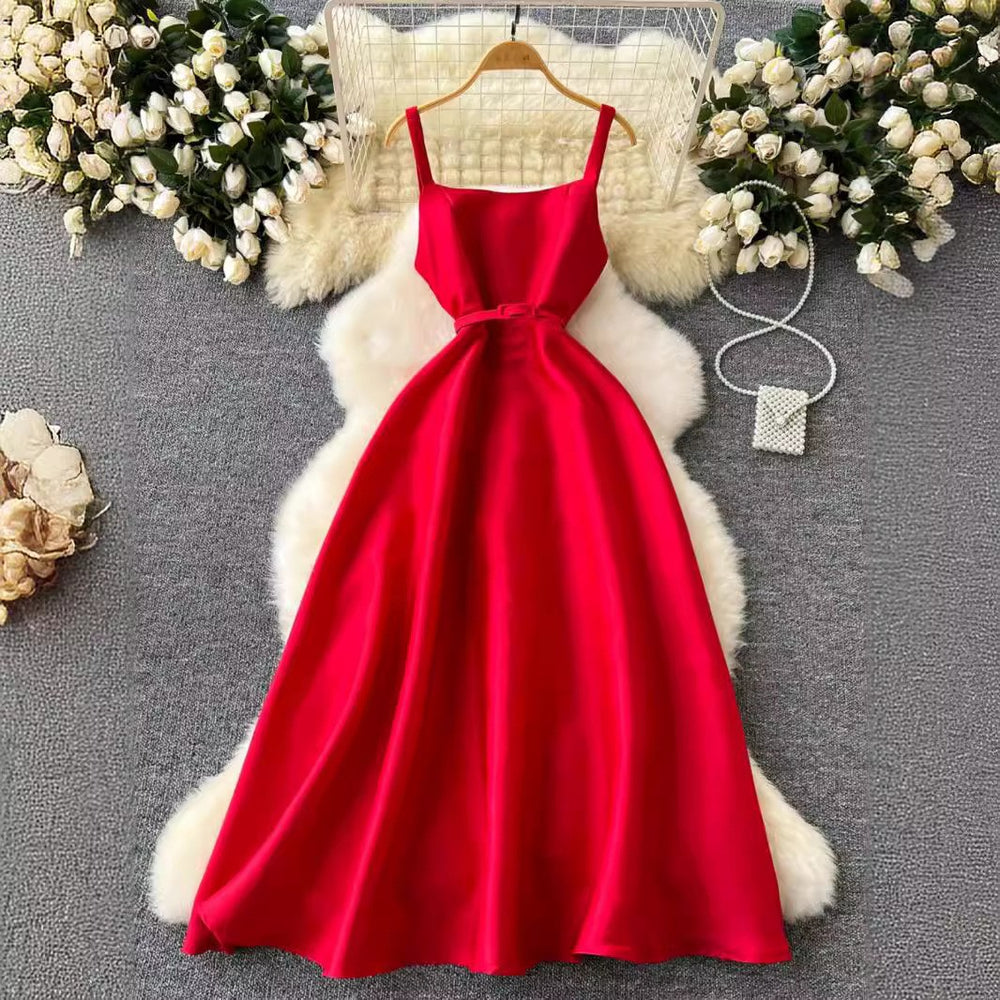 Evening party dress women's royal sister classy suspender long skirt french waist elegant puffy swing dress summer