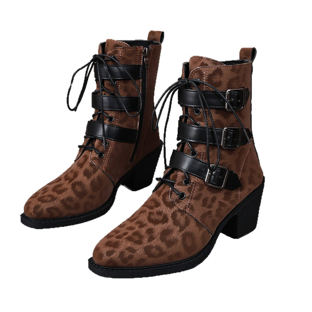 belt buckle mid-calf boots  autumn winternew arrival british style leopard print plus sizeretroboots knight boots
