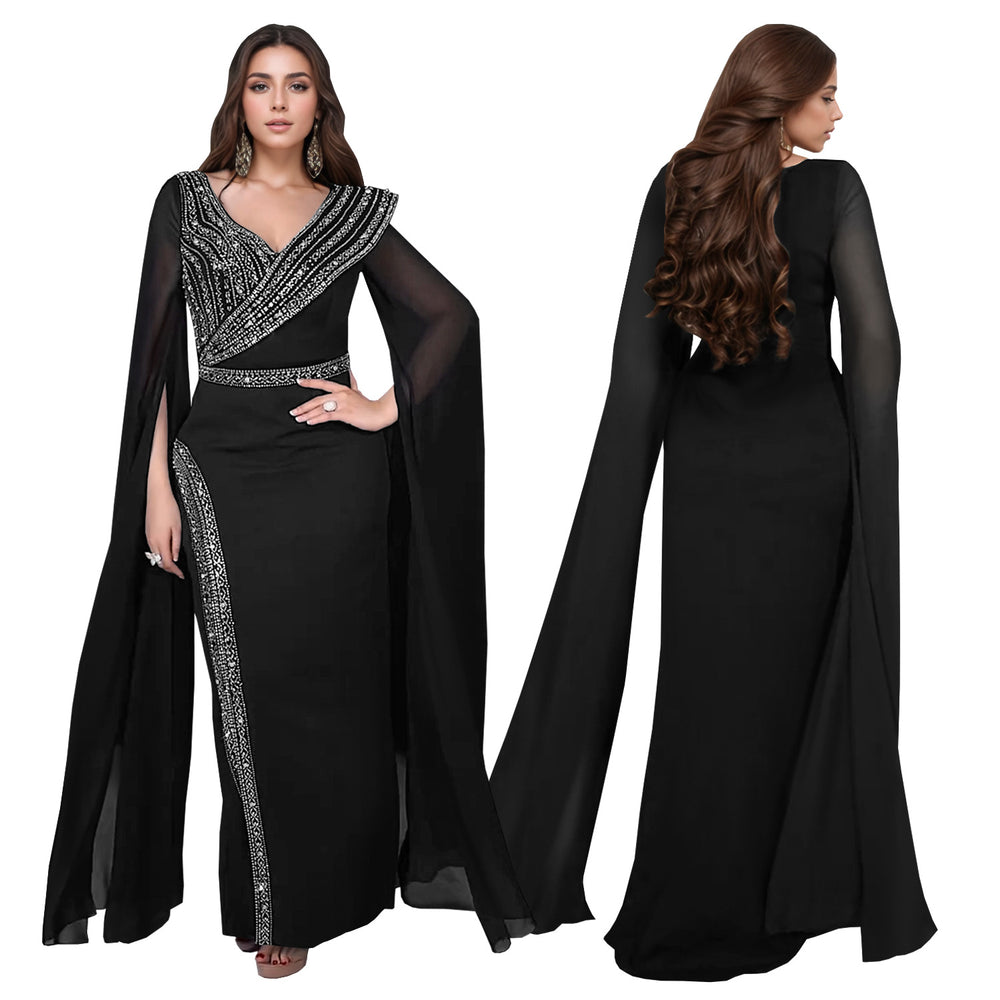 C7393 cross-border   fashion women's elegant v-neck rhinestone long-sleeve dress