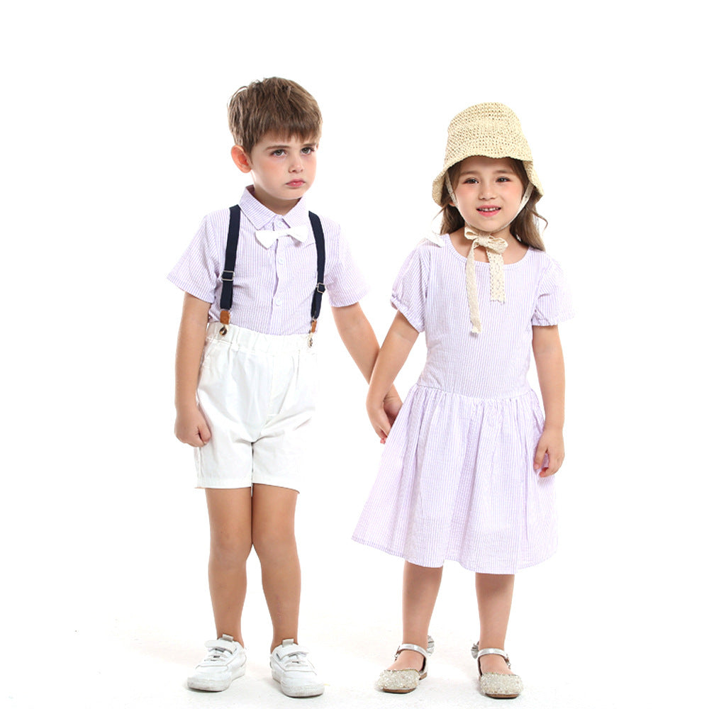 Wholesale children's clothing direct from the manufacturer: boys' preppy-style short-sleeved plaid shirt and suspender shorts set, dropshipping available