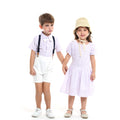 Wholesale children's clothing direct from the manufacturer: boys' preppy-style short-sleeved plaid shirt and suspender shorts set, dropshipping available