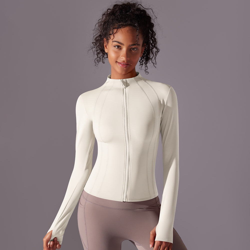 New women's solid color fitted stand collar zip-up long sleeve brushed athletic running fitness long yoga top