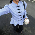 cross-border fashionable striped button-down shirt with ruffle sleeves and cinched waist – versatile style for us and european export