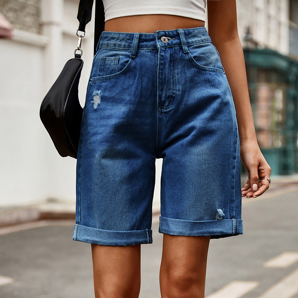 European and american clothing cross-border trade independent station  new arrival ripped and curled half length denim shorts casual pants trendy