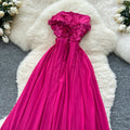 Fuchsia dress women's summer french style 3d floral sleeveless cinched waist slimming elegant long mesh party dress