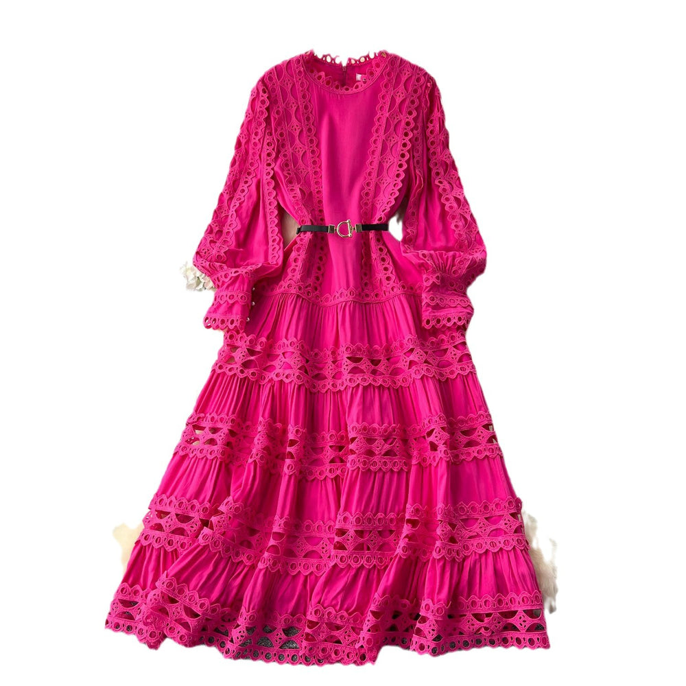 High-end elegant women's evening gown  new collection: court style retro heavily embroidered hollow-out lace patchwork french dress