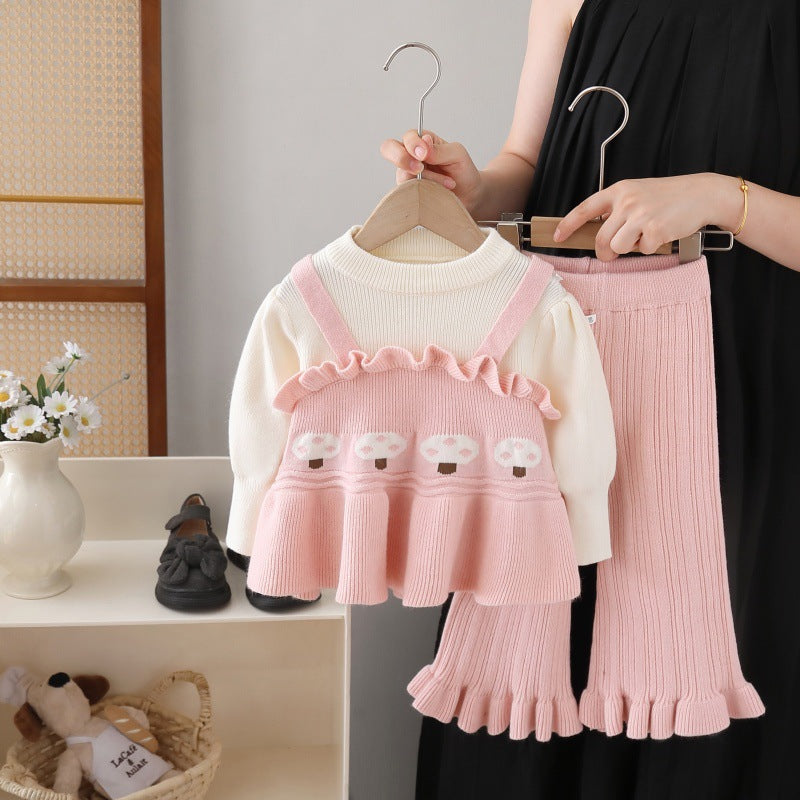 Girls' knit sweater set: autumn  new collection - round neck sweater with suspender skirt and pants two-piece outfit