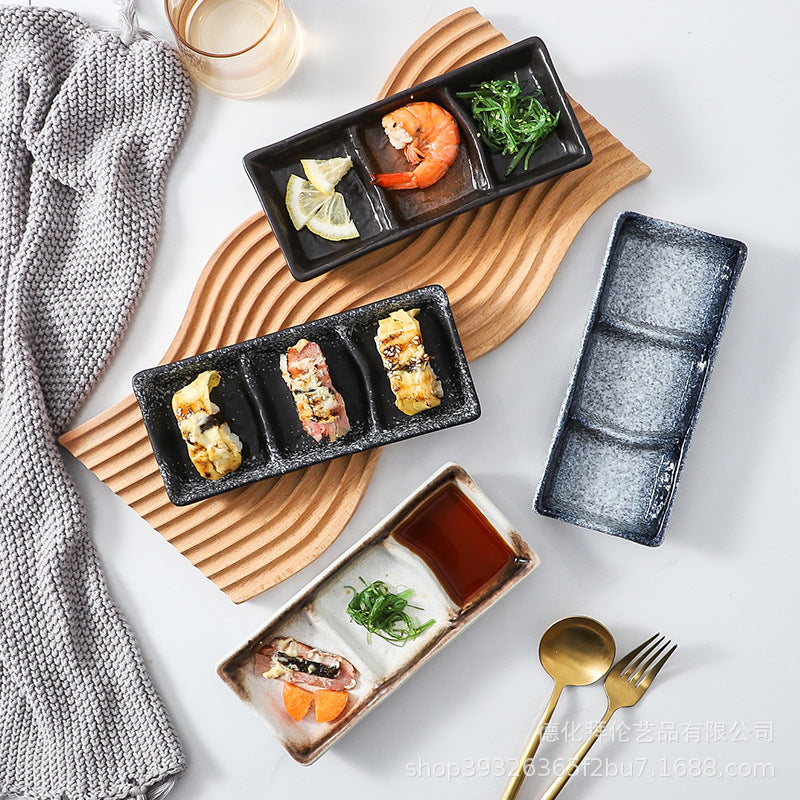 Japanese-style ceramic three-compartment dish - sauce, snack, and vegetable plate - rectangular sushi plate - restaurant-grade wholesale from manufacturer