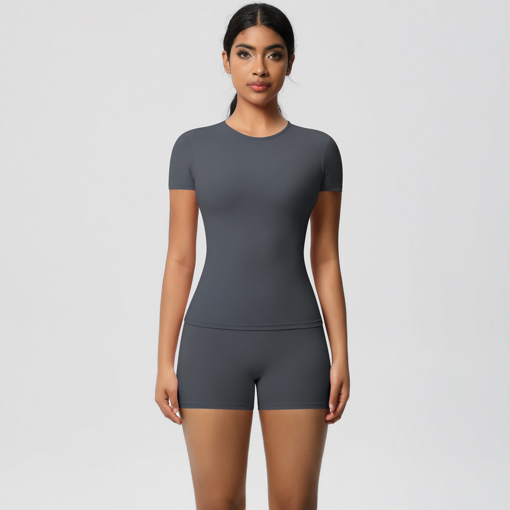 European and american nude feel tight-fitting short-sleeve t-shirt yoga outfit high-waisted butt-lifting quick-dry shorts running sports fitness set for women