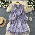 French print midi dress - women's summer long sleeve slim fit a-line dress - workwear, elegant, vacation style