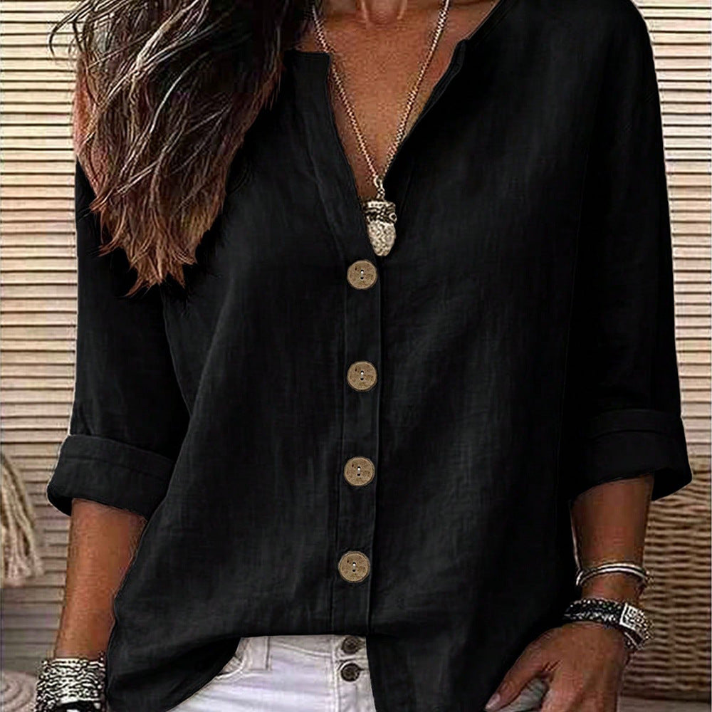 Exclusively for us & european cross-border e-commerce:  autumn beige cotton linen shirt - relaxed fit, v-neck, roll-up sleeves, mid-length top