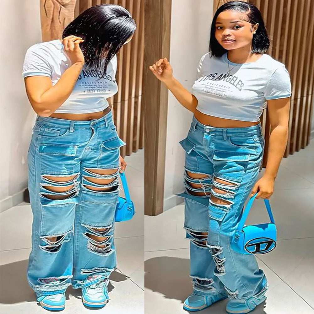 European and american cross-border women's fashion:  street style, edgy, high-waisted, distressed, multi-pocket, straight-leg jeans