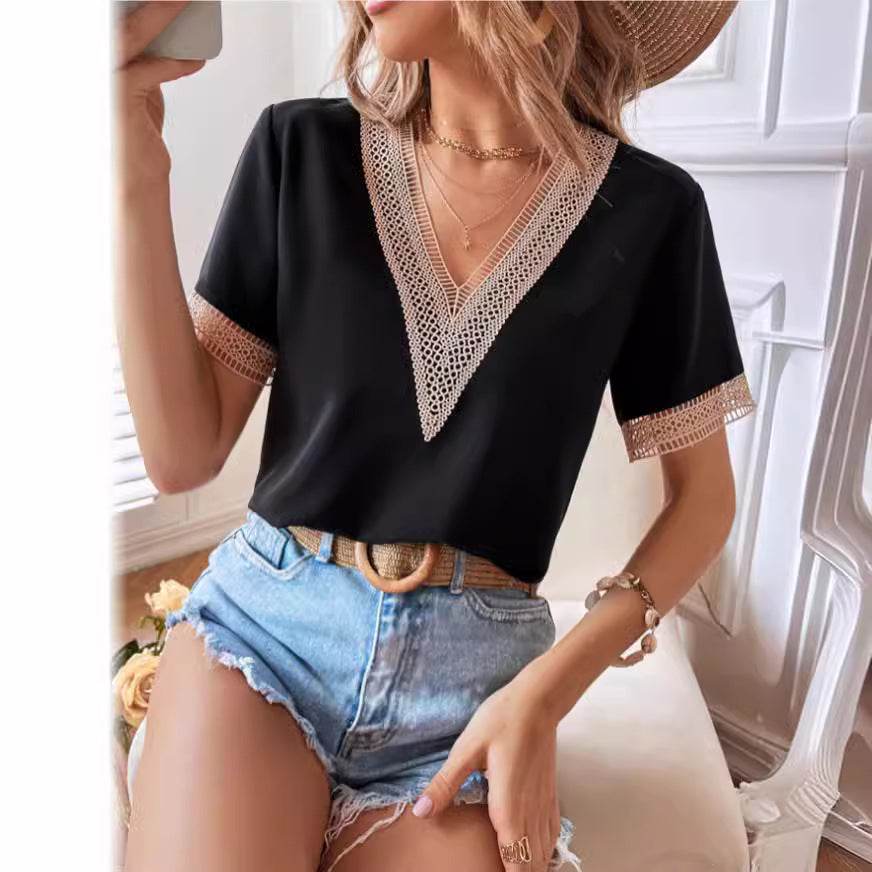new european and american style satin lace trim v-neck solid color loose-fit top - elegant commute short-sleeve blouse