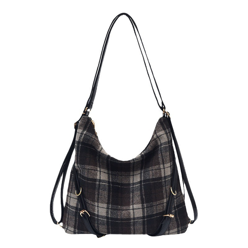 Retro plaid large-capacity bag women's 2025 new trendy college woolen tote bag casual backpack bag