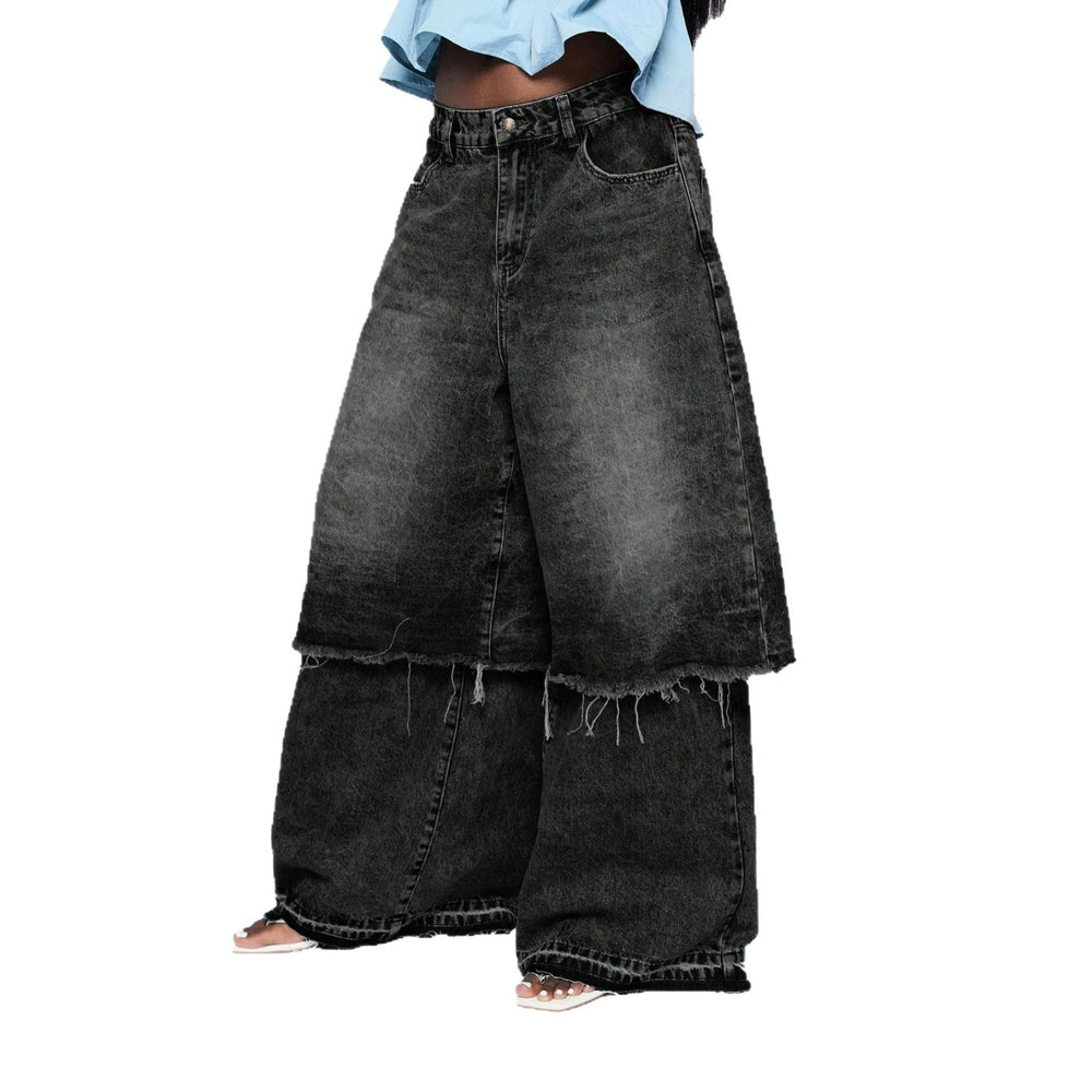 Fashionjeans women's washed fake two-piece raw edge loose pants high waist mop street looseplus sizestraight-legpants